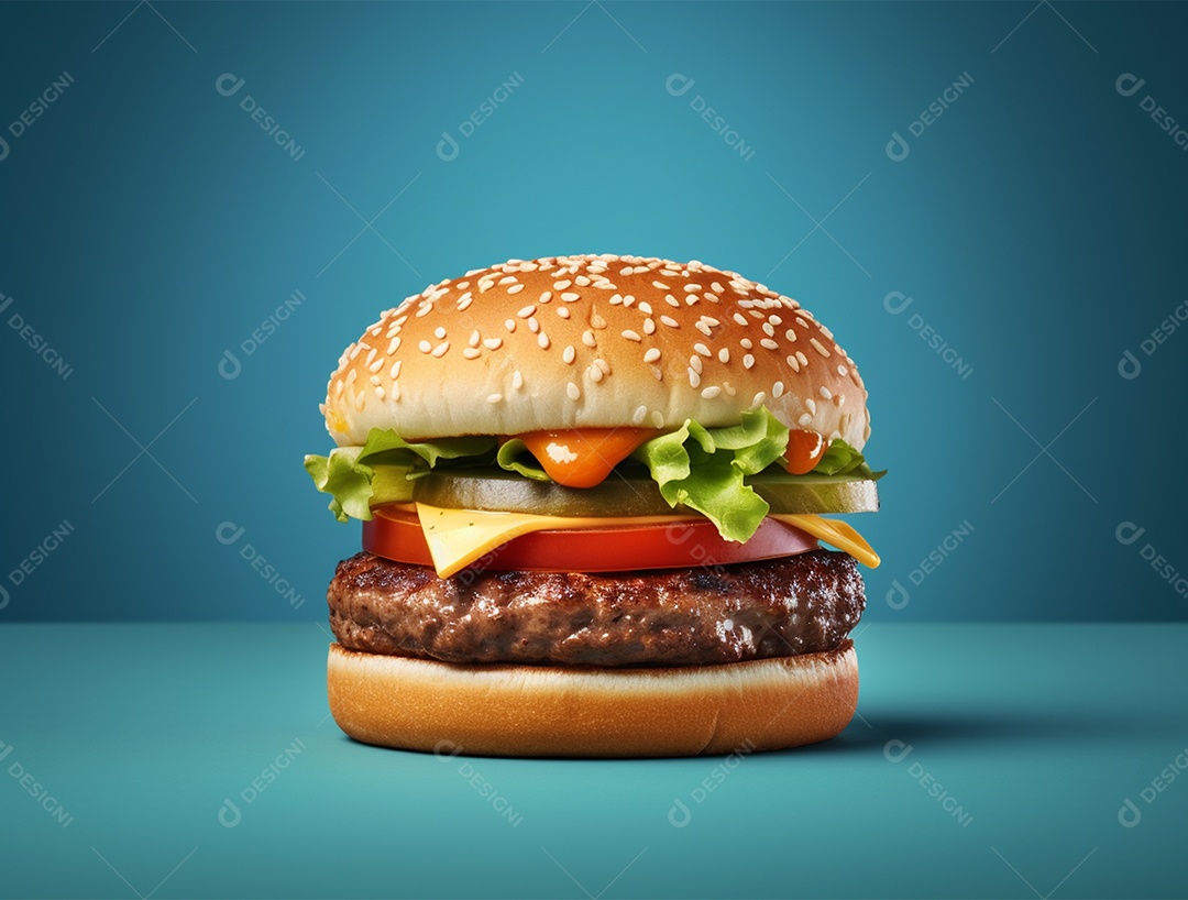Delicioso Hamburguer sobre fundo isolado azul.
