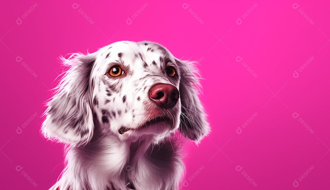 Cachorro de pelos branco com machas pretas saibre fundo isolado rosa.