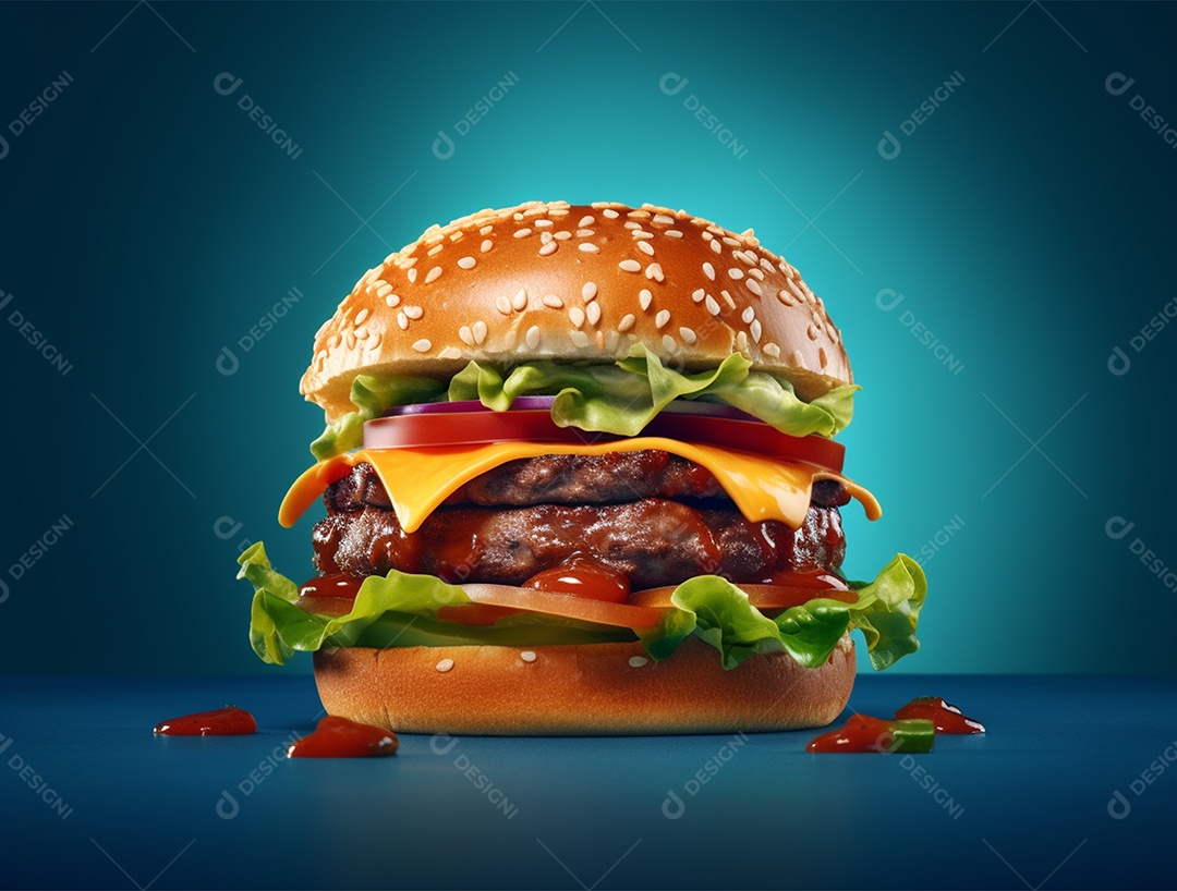 Delicioso Hamburguer gourmet sobre fundo isolado azul.