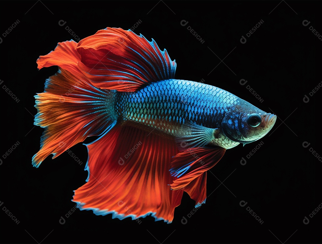 Peixe betta colorido nadando sobre fundo isolado preto.