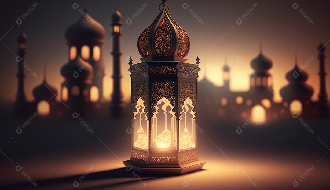 Lamparina islâmica sobre fundo com mesquitas desfocadas.