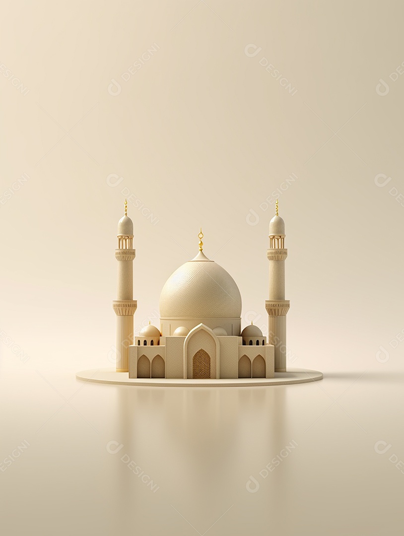 Mesquita islâmica bege com cúpula e torres.