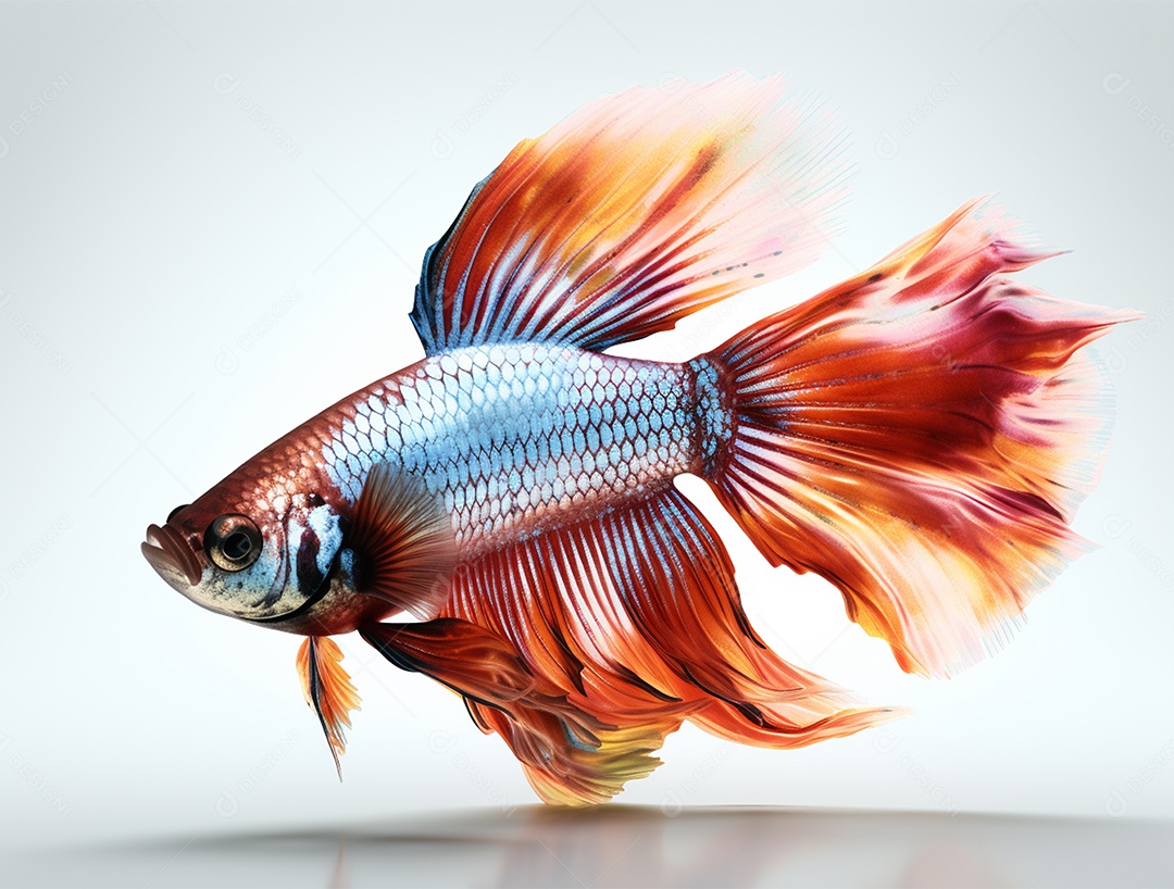 Peixe betta colorido nadando sobre fundo isolado branco.