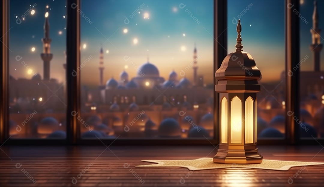Lamparina islâmica sobre fundo de mesquitas e luzes desfocadas.