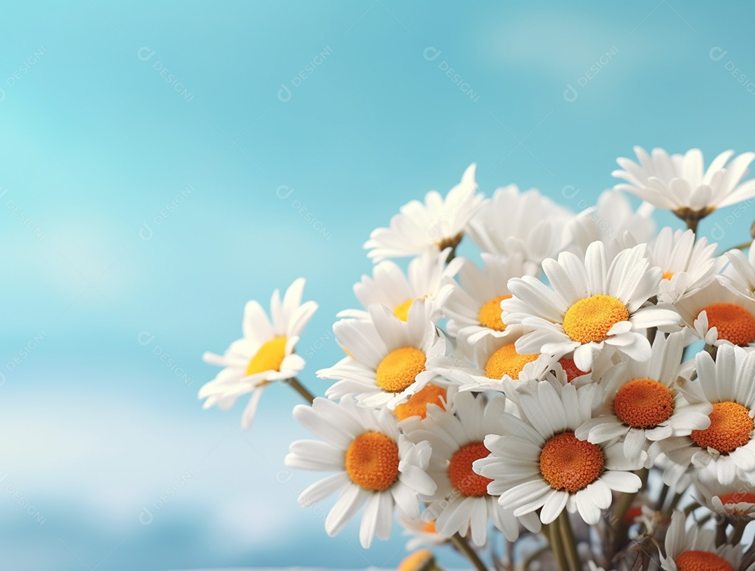 Lindas flores de margaridas sobre fundo isolado azul.