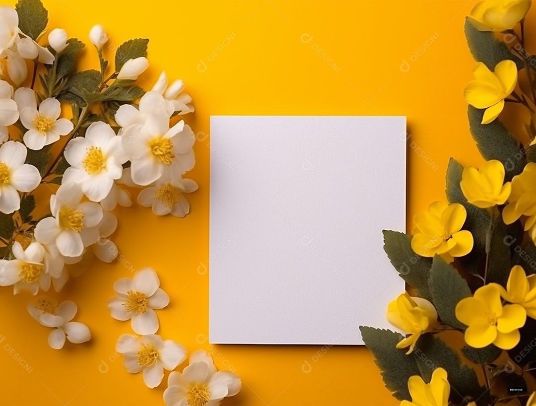 Papel em branco sobre fundo amarelo com buquê de flores.