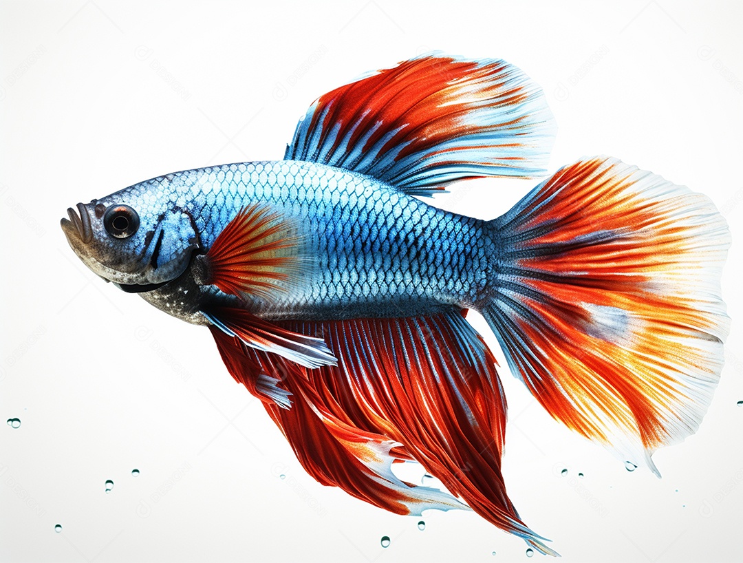 Peixe betta colorido nadando sobre fundo isolado branco.