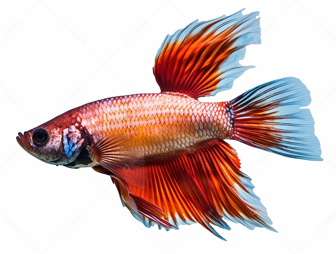 Peixe betta colorido nadando sobre fundo isolado branco.