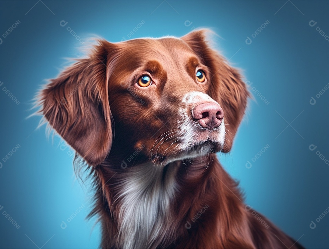 Cachorro marrom sobre fundo isolado azul.