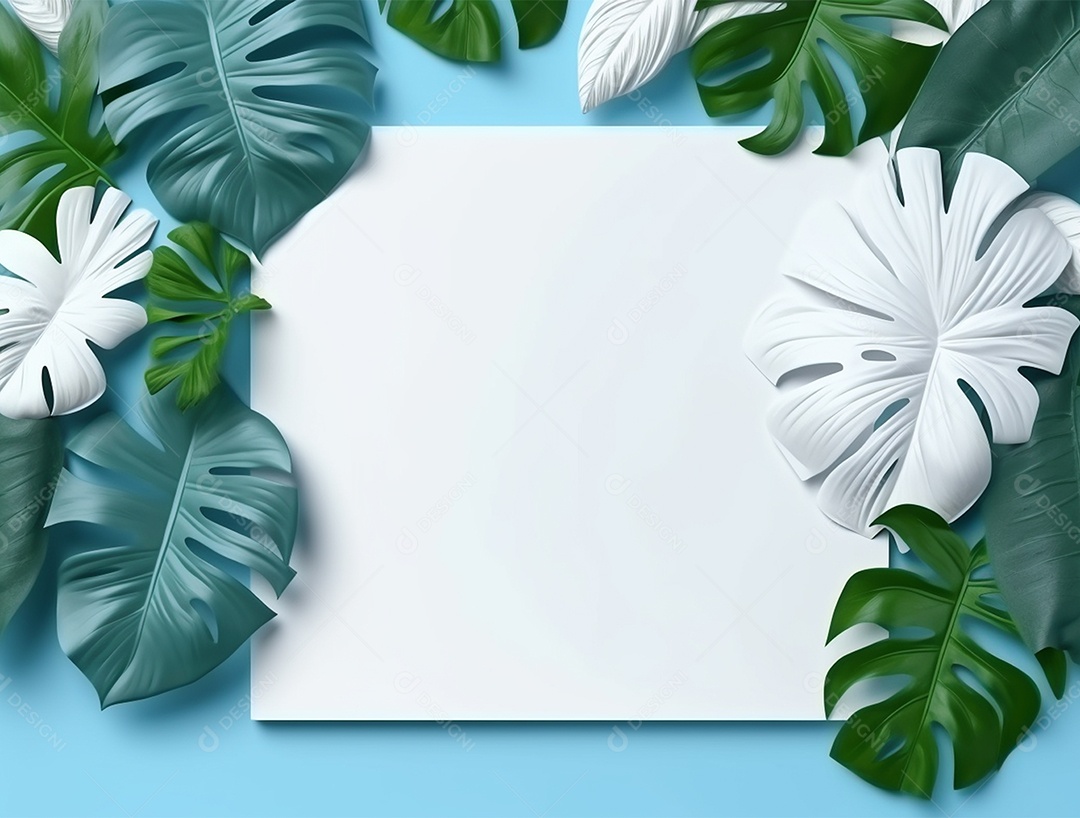 Papel em branco sobre fundo azul com folhagem.