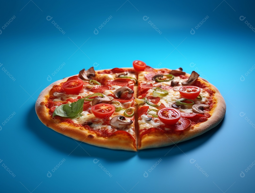 Pizza Margherita em fundo isolado azul.