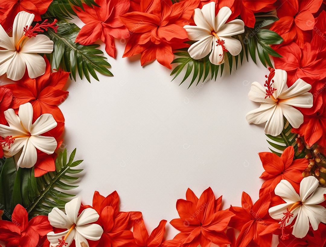 Flores e folhagem sobre fundo branco.