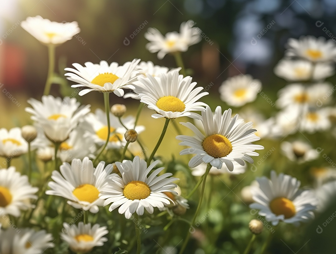 Lindas flores de margaridas sobre fundo desfocado.