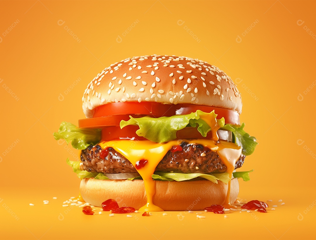 Suculento hambúrguer sobre fundo isolado amarelo.