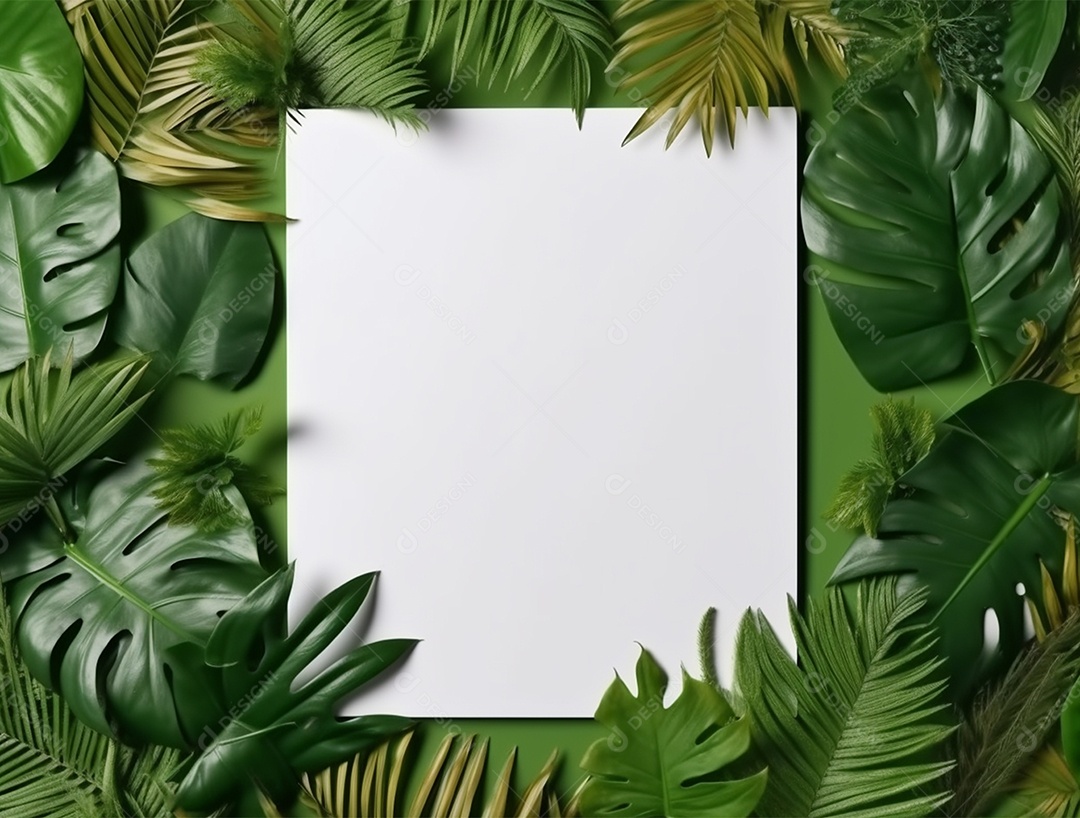 Papel em branco sobre folhas verdes tropicais,