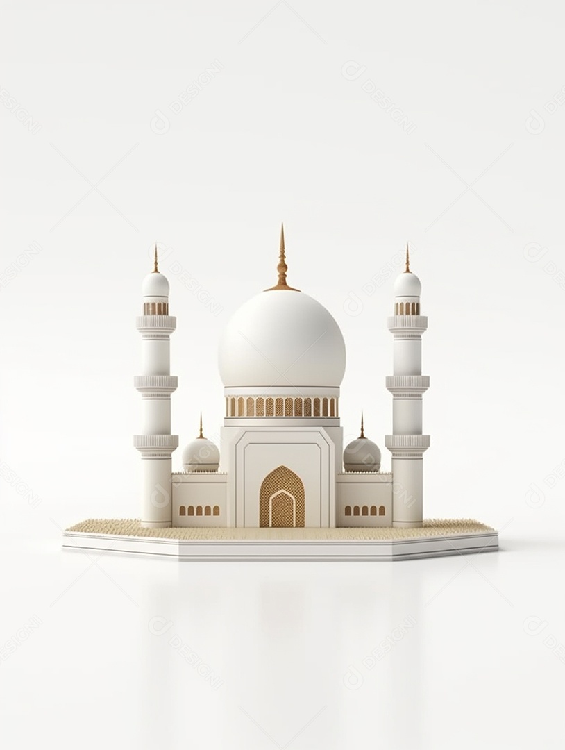 Mesquita islâmica branca com cúpula e torres.