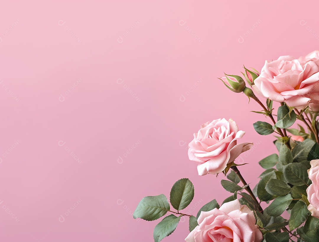 Rosas e folhas sobre fundo isolado rosa.