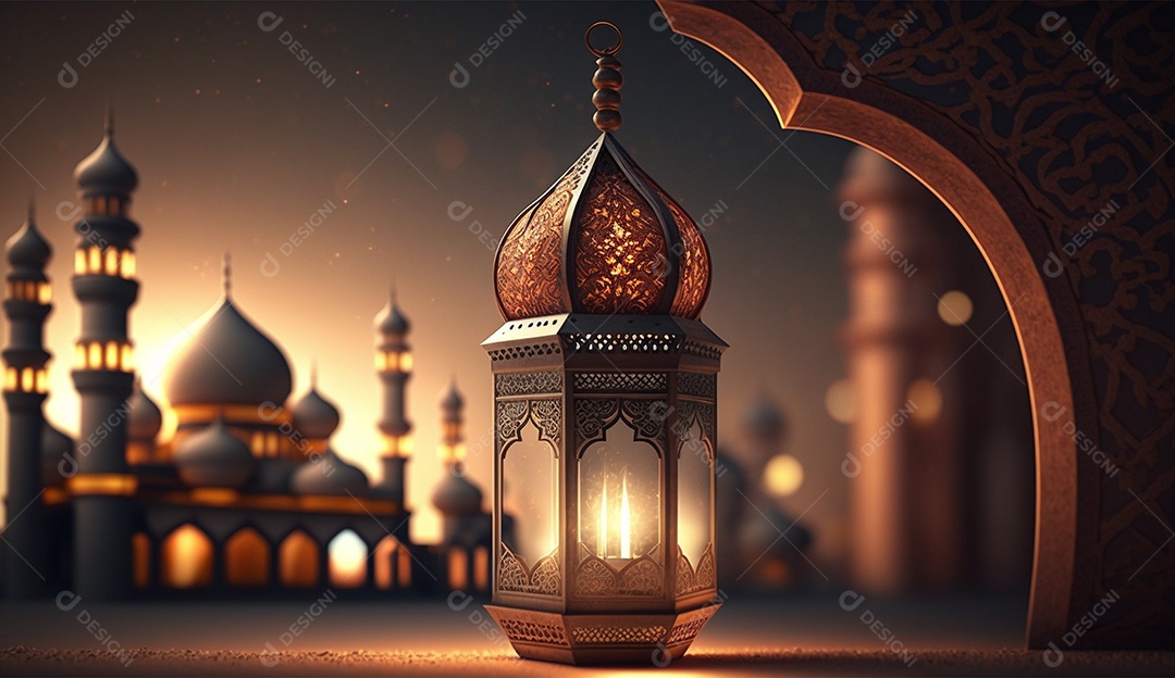 Lamparina islâmica sobre fundo de mesquitas e luzes desfocadas.