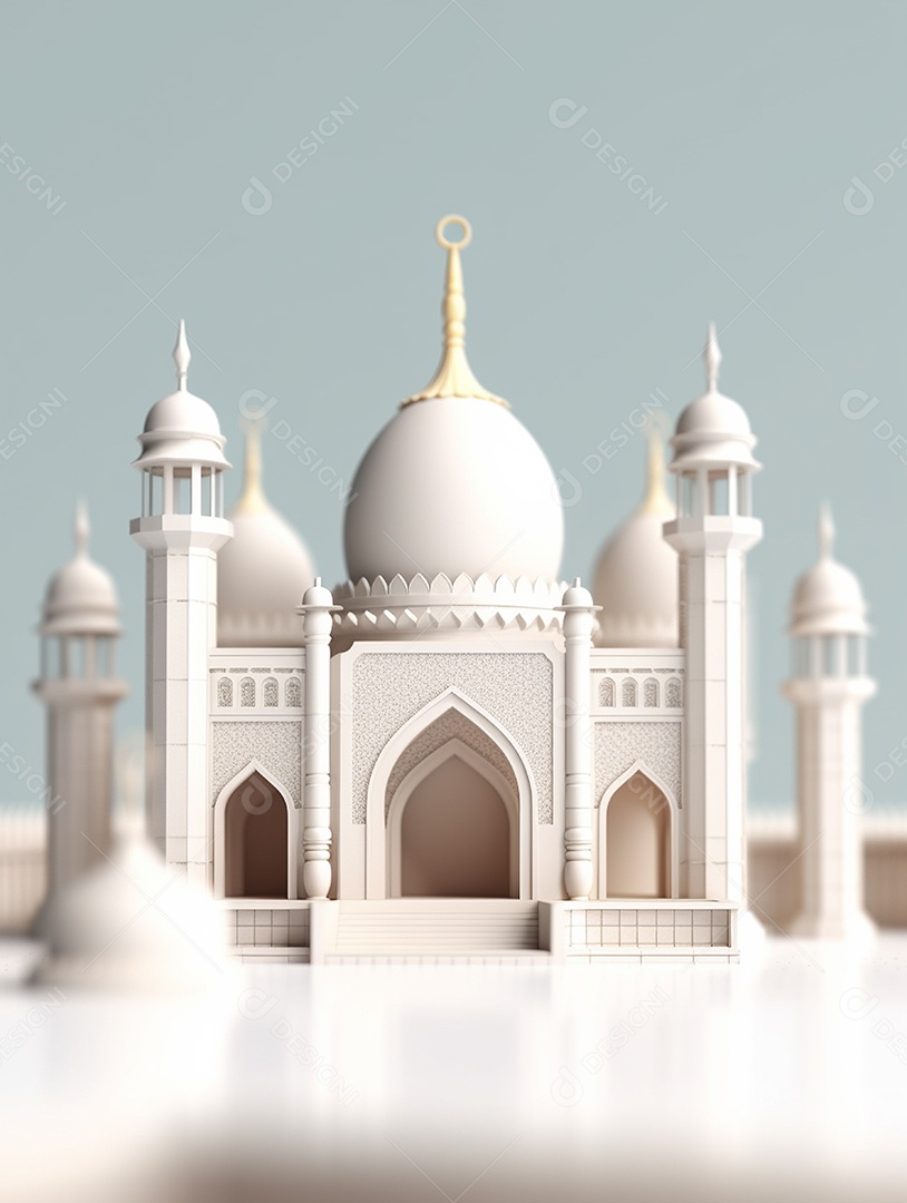 Mesquita islâmica branca com porta no meio e varias cúpulas.