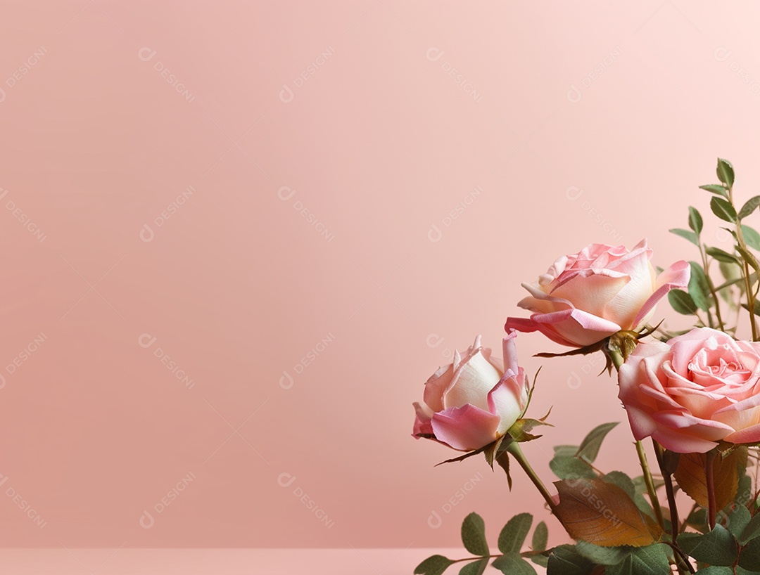 Rosa e folhas sobre fundo isolado rosa.