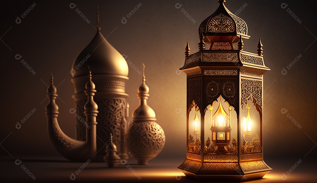 Lamparina islâmica sobre fundo de mesquitas.