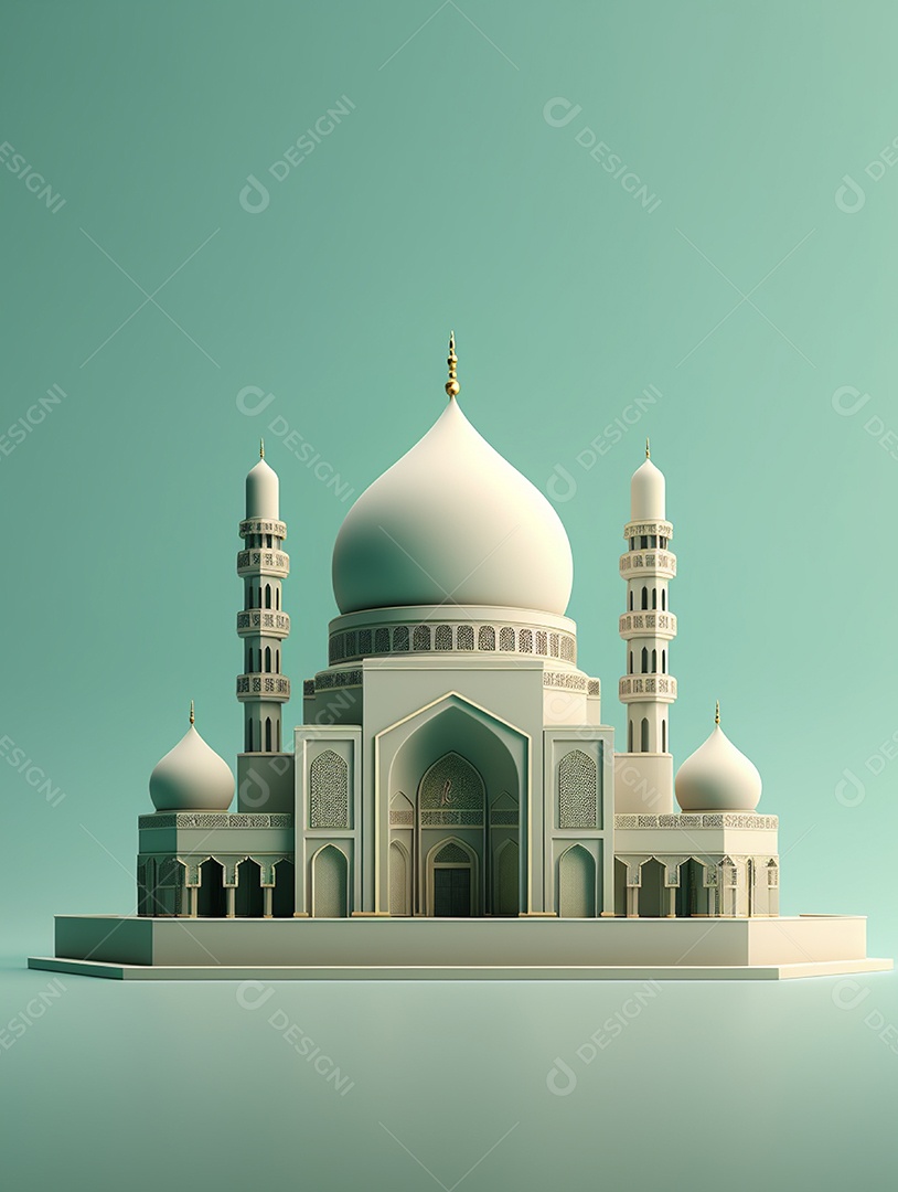 Mesquita islâmica bege com cúpula e torres.