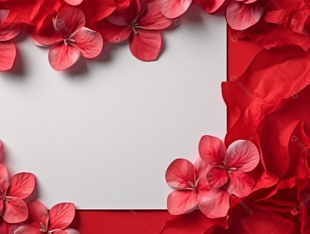 Papel em branco sobre fundo vermelho com flores.
