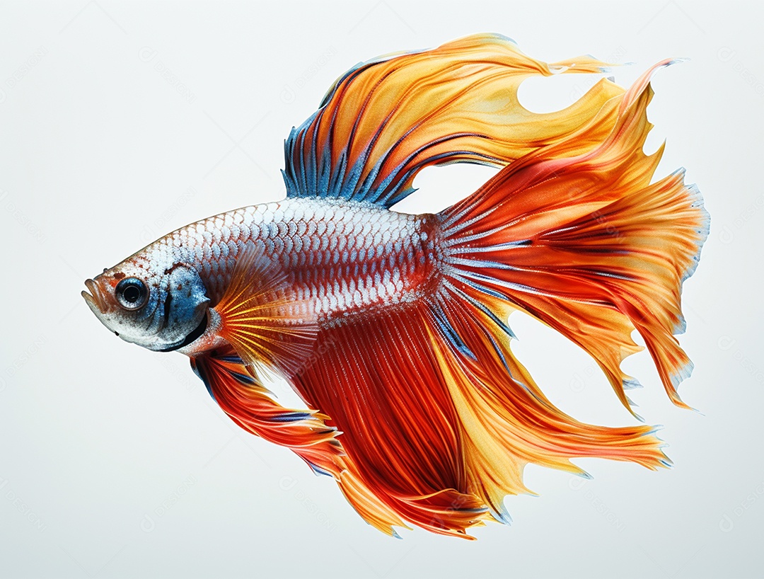 Peixe colorido nadando sobre fundo isolado branco.