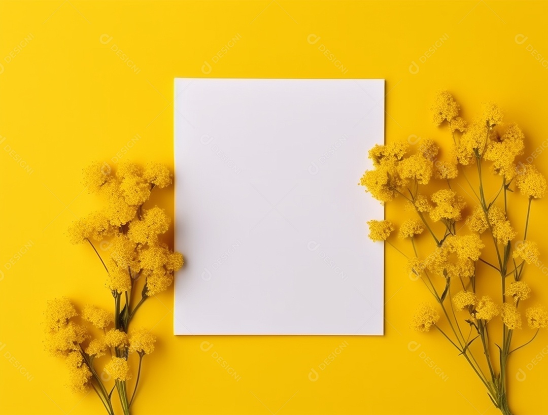 Papel em branco sobre fundo amarelo com buquê de flores.