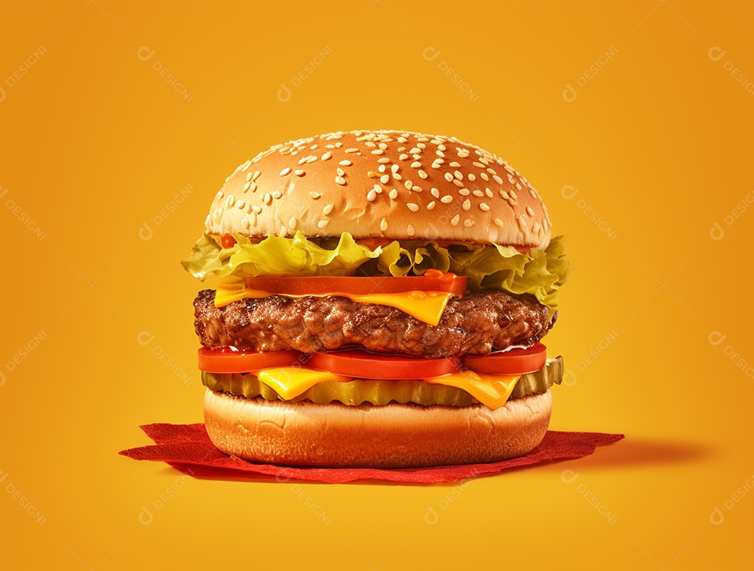 Saboroso hamburguer sobre fundo isolado amarelo.