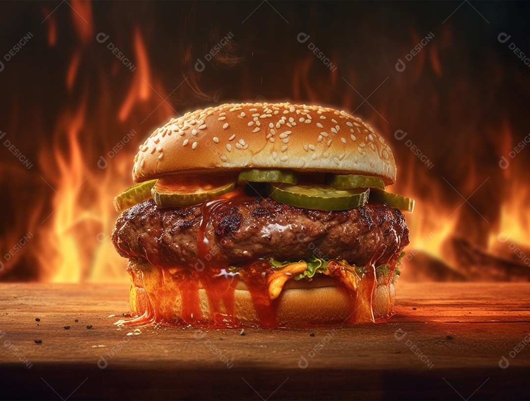 Delicioso hambúrguer com fogo ao fundo.