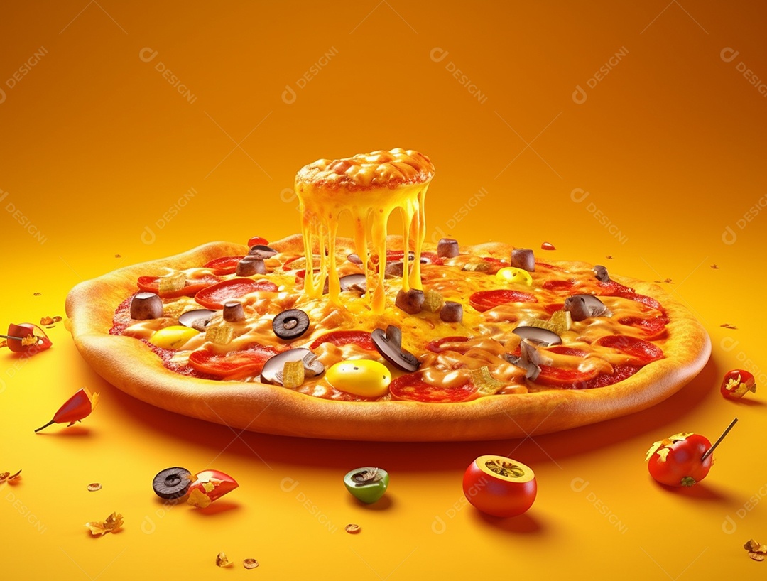 Deliciosa pizza sobre fundo isolado amarelo.