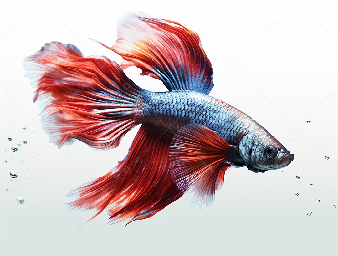Peixe betta colorido nadando sobre fundo isolado branco.