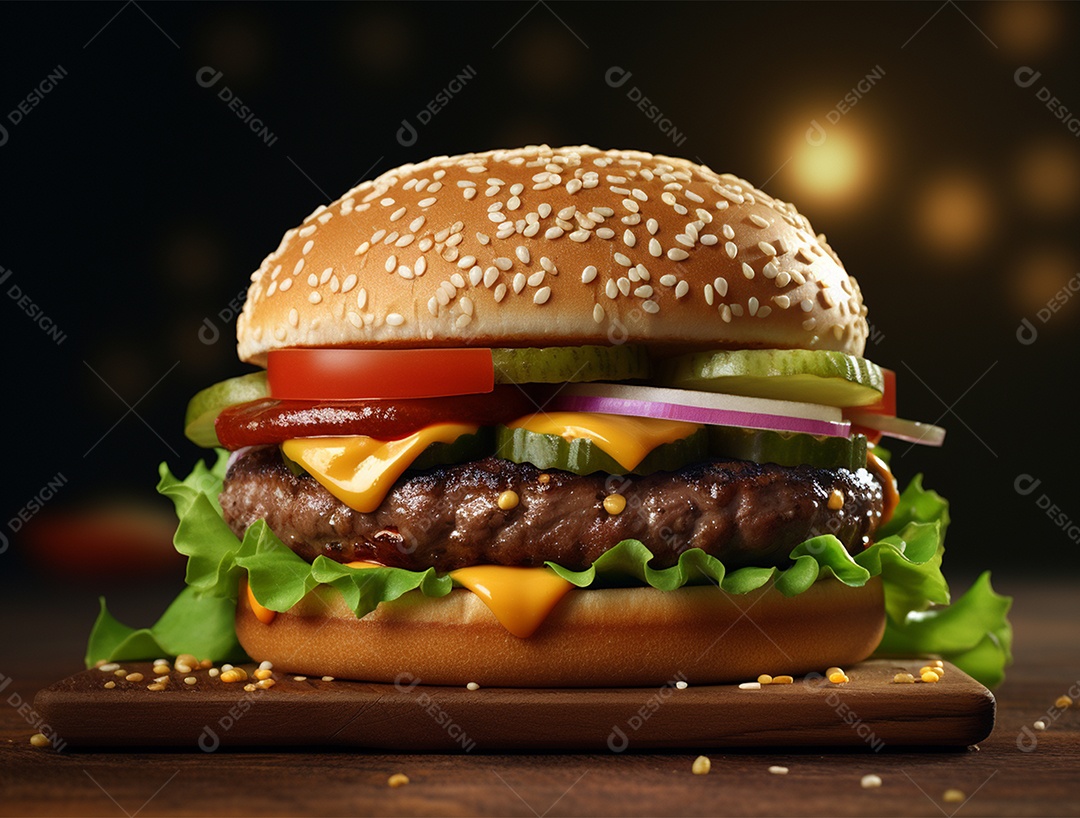 Delicioso hamburguer sobre tábua de madeira