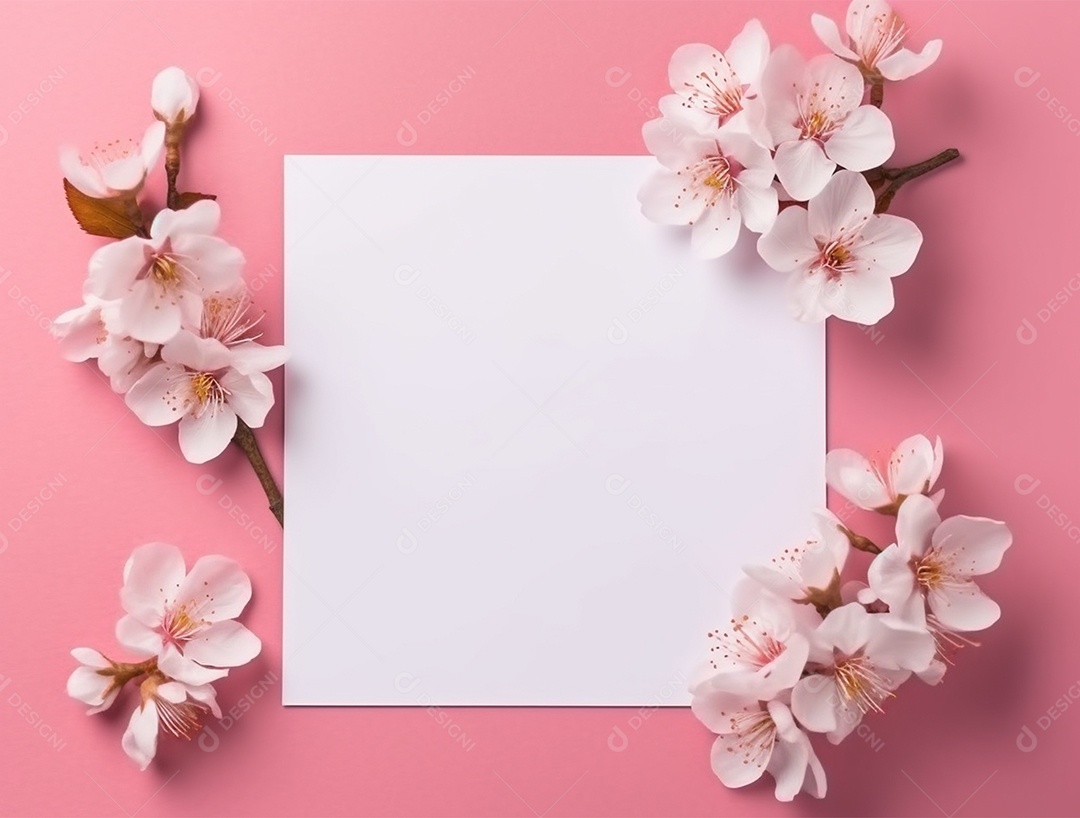 Papel em  branco sobre um fundo rosa com buquê de flores.