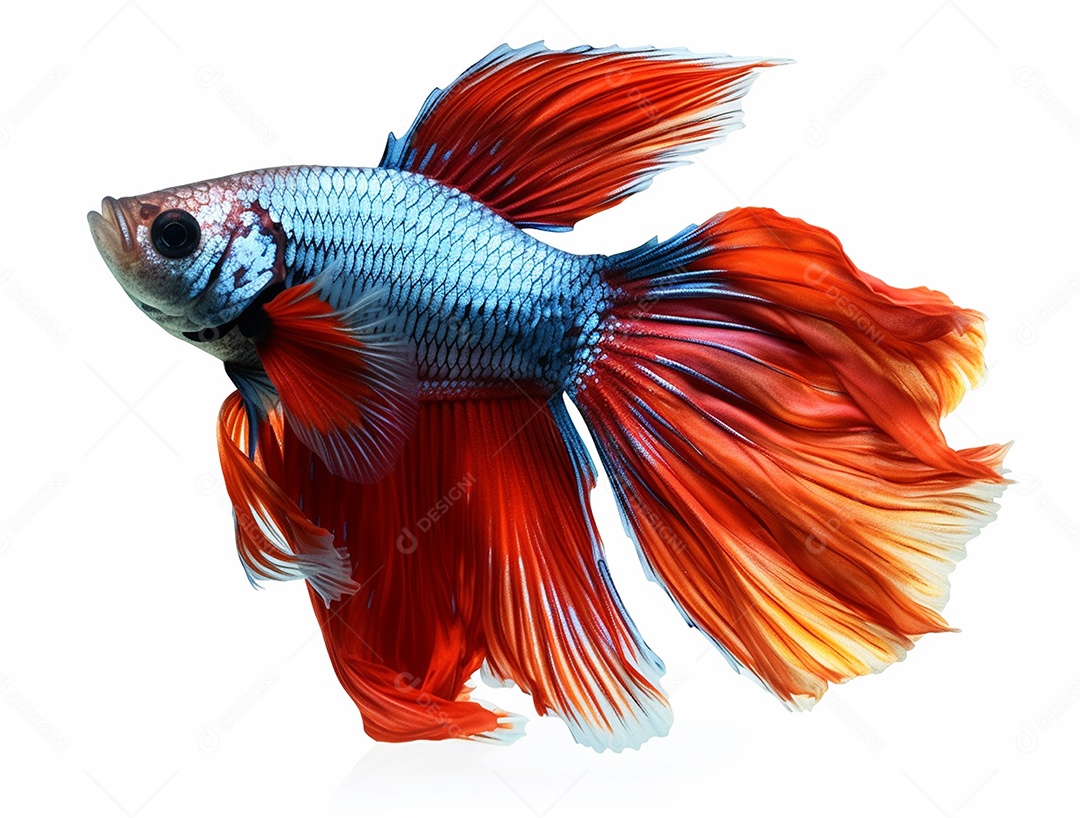 Peixe colorido nadando sobre fundo isolado branco.