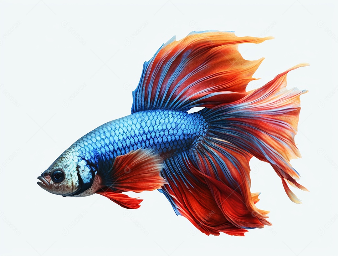 Peixe colorido nadando sobre fundo isolado branco.