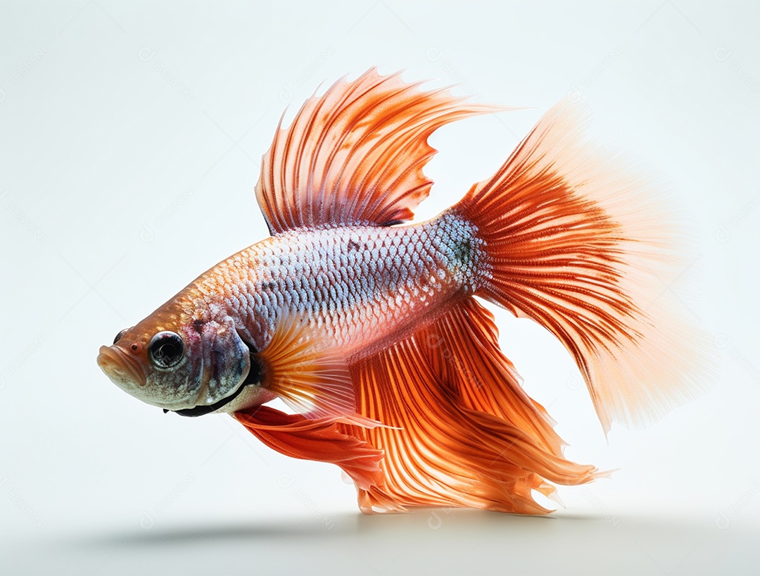 Peixe betta colorido nadando sobre fundo isolado branco.