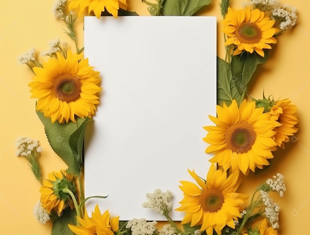 Flores de girassóis sobre um papel em branco.