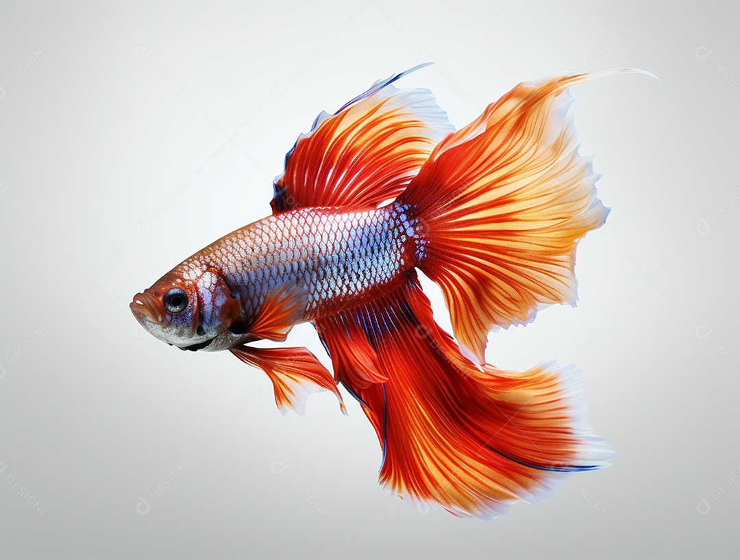 Peixe betta colorido nadando sobre fundo isolado branco.