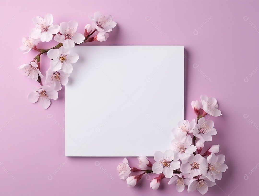 Papel em branco sobre fundo rosa com buquê de flores.