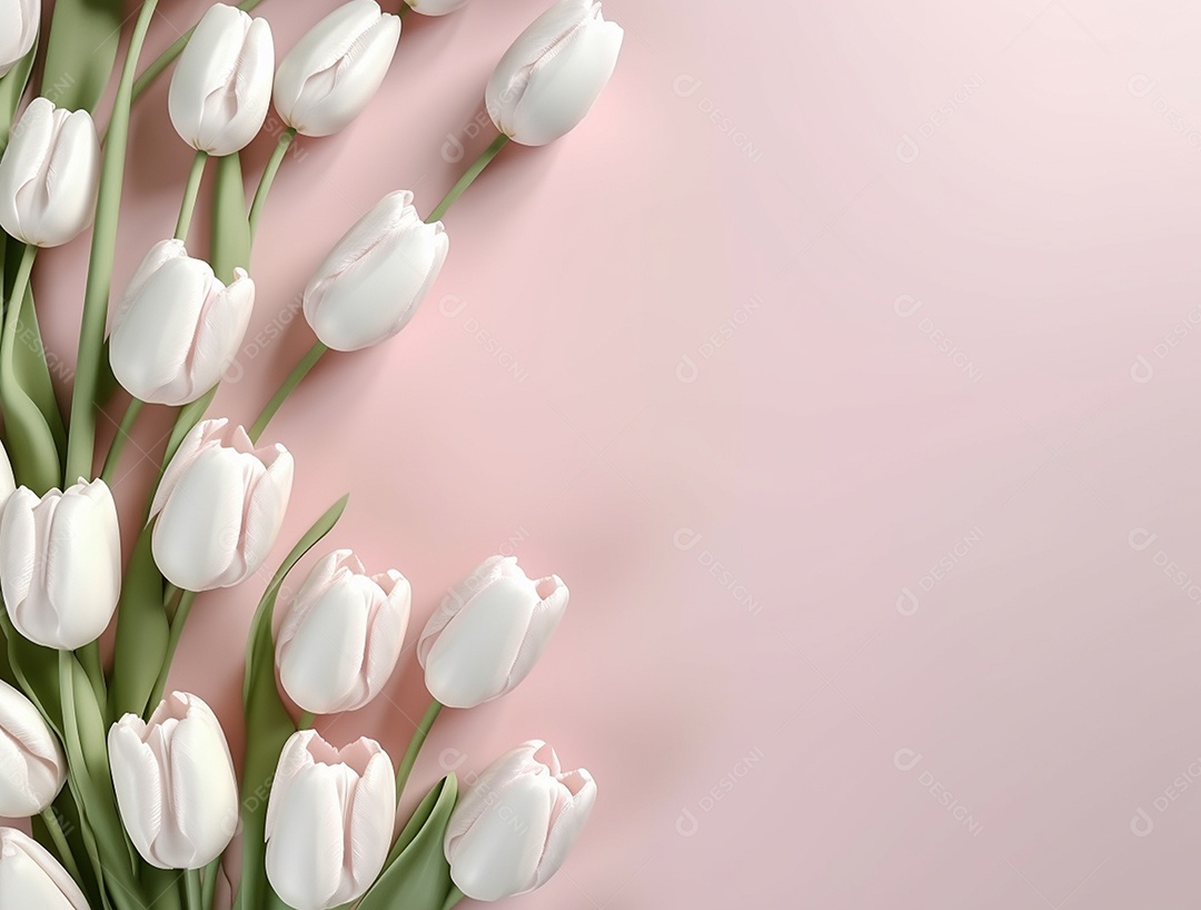 Flores de tulipas brancas sobre fundo rosa.