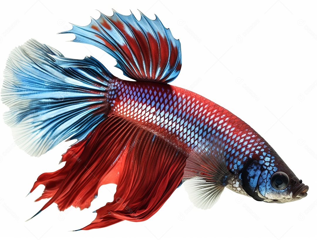 Peixe colorido nadando sobre fundo isolado branco.