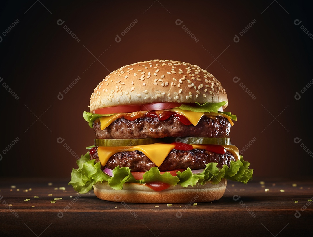 Hamburguer com carne, queijo e legumes sobre tábua de madeira.