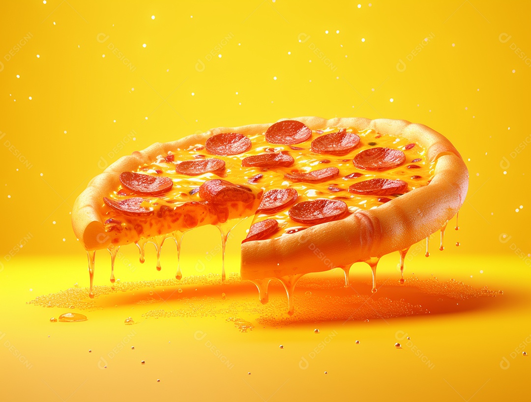 Pizza com mussarela derretendo sobre fundo isolado amarelo.