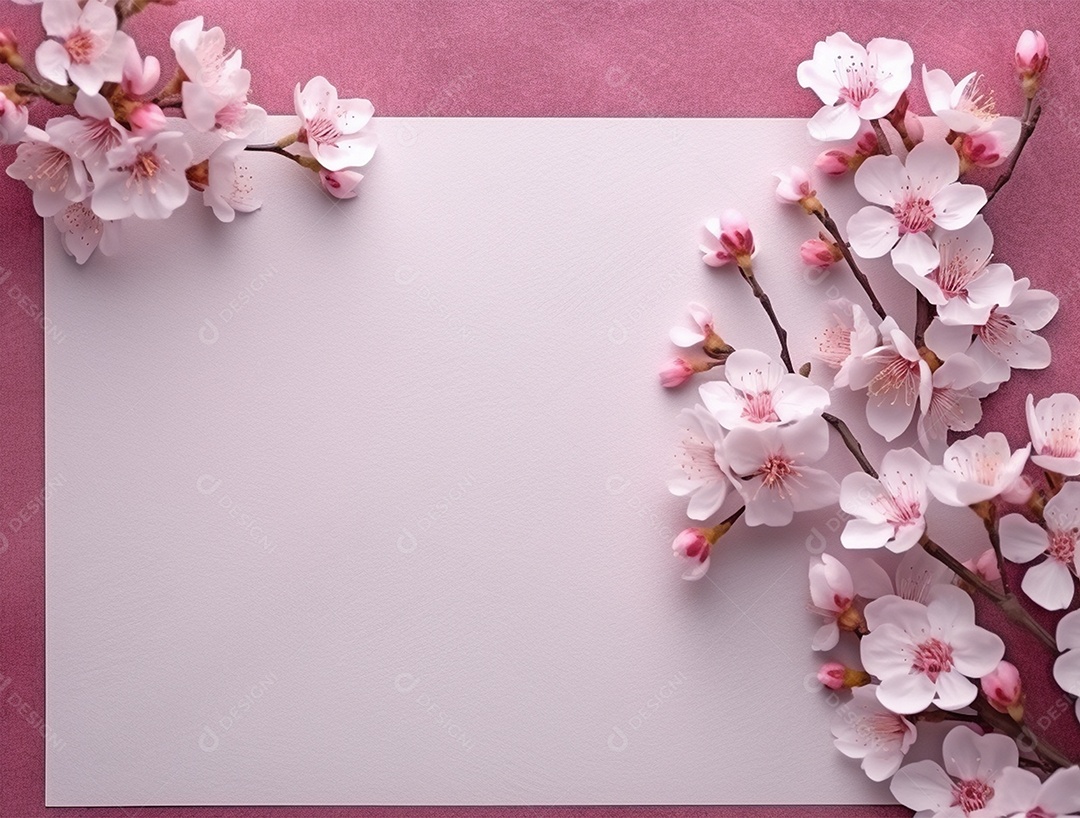 Papel em branco sobre fundo rosa com buquê de flores.