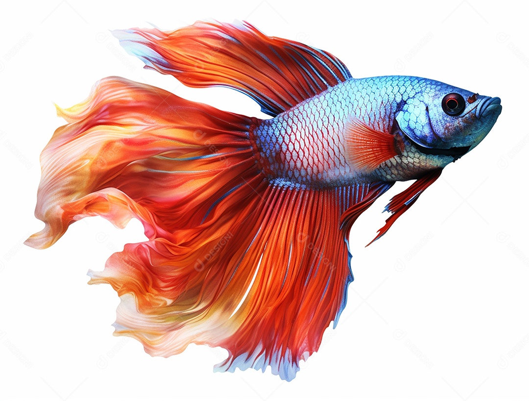 Peixe betta colorido nadando sobre fundo isolado branco.