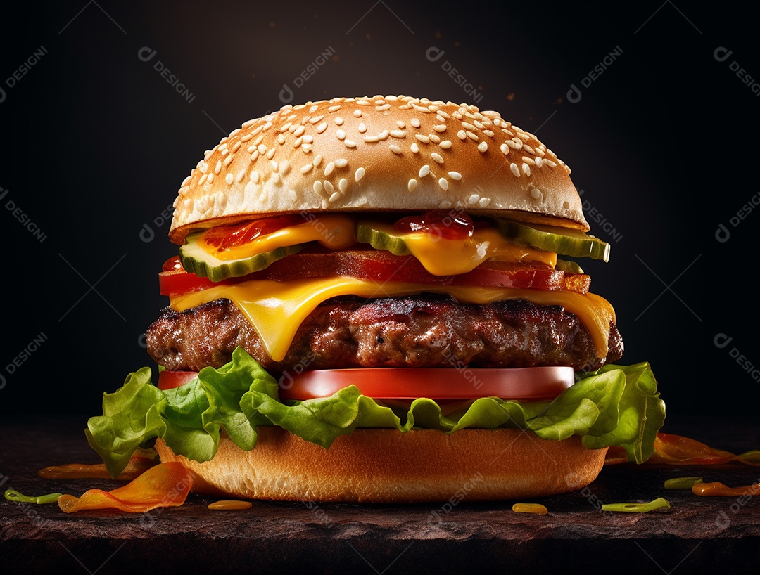 Delicioso hamburguer sobre tábua de madeira.