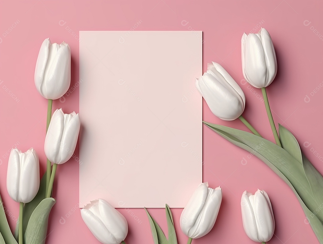 Papel em branco sobre fundo rosa com flores de tulipas.