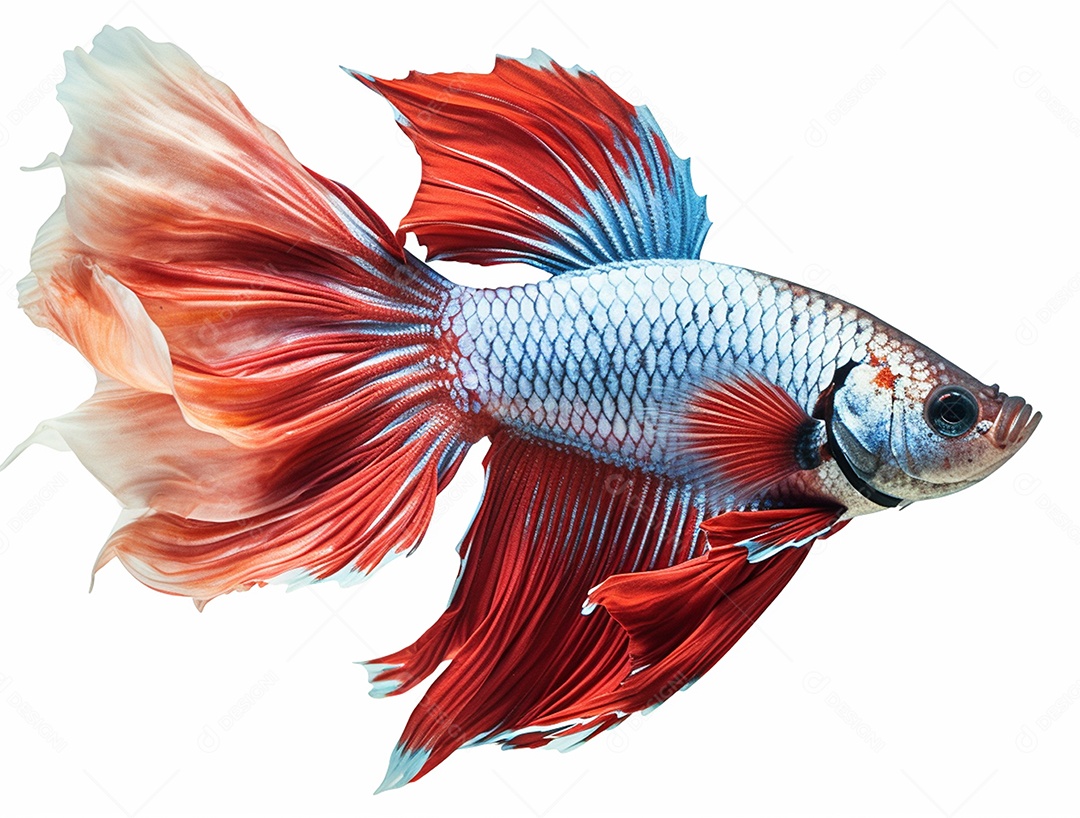 Peixe betta colorido nadando sobre fundo isolado branco.